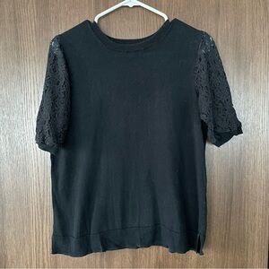 Black Short Sleeve Sweater T-Shirt with Lace Sleeves